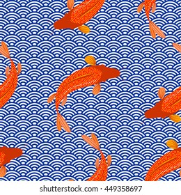Carp, red fish, goldfish. Traditional eastern seamless pattern.
Waves pattern. Vector.