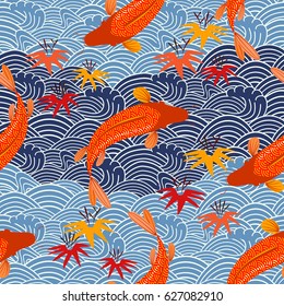 Carp, red fish, goldfish. Traditional eastern seamless pattern.
Waves pattern. Vector.