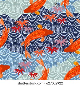 Carp, red fish, goldfish. Traditional eastern seamless pattern.
Waves pattern. Vector.