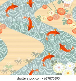 Carp, red fish, goldfish. Traditional eastern seamless pattern.
Waves pattern. Vector.