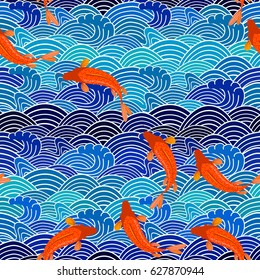 Carp, red fish, goldfish. Traditional eastern seamless pattern.
Waves pattern. Vector.