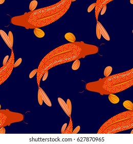 Carp, red fish, goldfish. Traditional eastern seamless pattern.
Waves pattern. Vector.