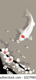 Carp and Sakura. The vector illustration of Sakura branch and sacred Japanese koi fish.