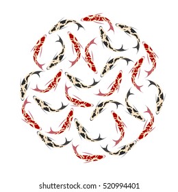 Carp, set of koi carps, red and black fish. Hand drawn circle of fishes.