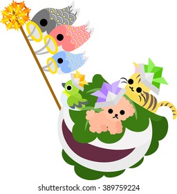 A carp streamer and a dog and a cat and rice cake containing bean jam wrapped in an oak leaf
