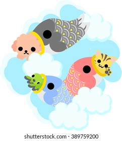 A carp streamer and a dog and a cat and small bird