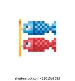 Streamer de carpas. Icono de estilo de arte de píxeles de Koinobori. Diseño de sitio Web. 8 bits. Sprite de videojuegos. Ilustración vectorial abstracta aislada. Activos de juego.