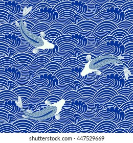 Carp. Traditional eastern seamless pattern.Japanese pattern.
Waves pattern. Vector.