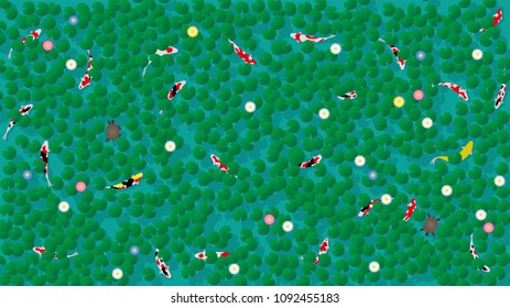 Carp and turtle swimming in lotus pond