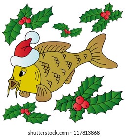 Carp with Xmas cap - vector illustration.