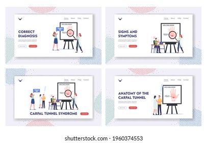 Carpal Tunnel Syndrome Landing Page Template Set. Characters Suffer Of Median Nerve Compression In Wrist After Working On Pc. Woman Make Phalen Test, Health Problem. Cartoon People Vector Illustration