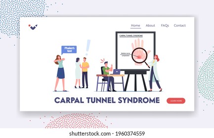 Carpal Tunnel Syndrome Landing Page Template. Characters Suffer of Median Nerve Compression in Wrist after Working on Pc. Woman Make Phalen Test, Health Problem. Cartoon People Vector Illustration