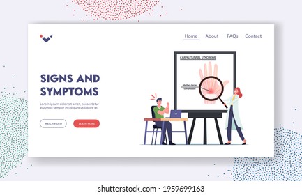 Carpal Tunnel Syndrome Signs And Symptoms Landing Page Template. Office Worker Male Character Suffer Of Pain In Wrist After Long Working On Pc. Health Infographics. Cartoon People Vector Illustration