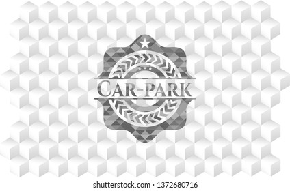 Car-park retro style grey emblem with geometric cube white background