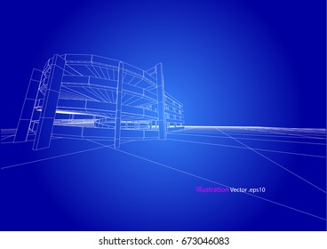 carpark structure architecture abstract drawing, 3d illustration vector
