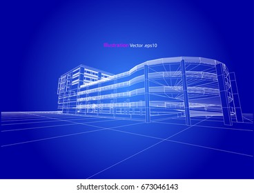 carpark structure architecture abstract drawing, 3d illustration vector