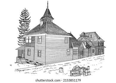 Carpathian architecture. Old  country house. Vector sketch.