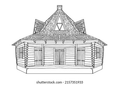 Carpathian architecture. Old  country house. Vector sketch.