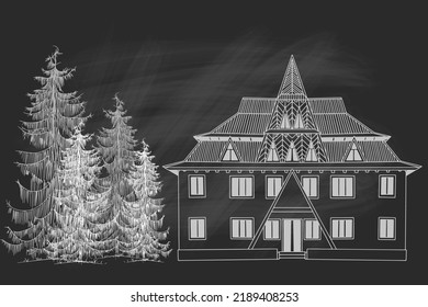 Carpathian architecture. Old  country house. Vector sketch.