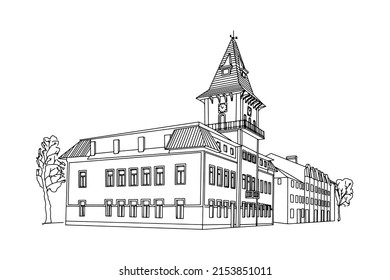 Carpathian architecture. Old  town hall. Vector sketch.
