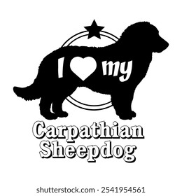 Carpathian Sheepdog. Hund Silhouette, ich liebe meinen Hund, Hund, Hunderassen, Logo, Vektor, Silhouette, Tier, Illustration, Symbol, Zeichen, schwarz, Haustier,