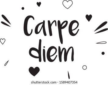 Carpe Diem. Beautiful message. Latin phrase means Capture the moment, Live now. Inspirational quote expressive handwritten with brush, isolated on white background. Aphorism "Seize the day".  Vector.