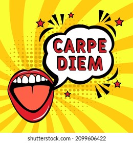 Carpe Diem.  It can be used for website design, t-shirt, phone case, poster, mug etc. Comic book explosion with text Carpe Diem, vector illustration. Carpe Diem in comic pop art style. 