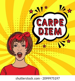 Carpe Diem.  It can be used for website design, t-shirt, phone case, poster, mug etc. Comic book explosion with text Carpe Diem, vector illustration. Carpe Diem in comic pop art style. 