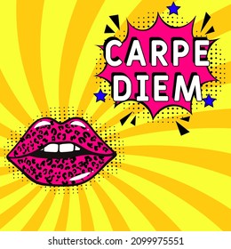 Carpe Diem.  It can be used for website design, t-shirt, phone case, poster, mug etc. Comic book explosion with text Carpe Diem, vector illustration. Carpe Diem in comic pop art style. 