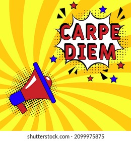 Carpe Diem.  It can be used for website design, t-shirt, phone case, poster, mug etc. Comic book explosion with text Carpe Diem, vector illustration. Carpe Diem in comic pop art style. 