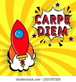 Carpe Diem.  It can be used for website design, t-shirt, phone case, poster, mug etc. Comic book explosion with text Carpe Diem, vector illustration. Carpe Diem in comic pop art style. 