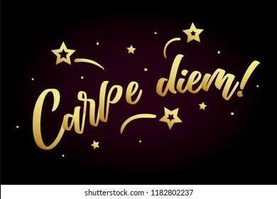 Carpe diem card, banner. Beautiful greeting poster with calligraphy gold text word ribbon star, hand drawn design elements. Handwritten modern brush lettering on a black background isolated vector