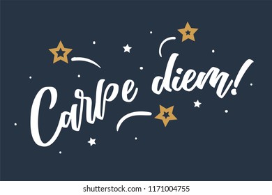 Carpe diem card, banner.Beautiful greeting scratched calligraphy white text word gold stars.Hand drawn invitation T-shirt print design. Handwritten modern brush lettering blue background isolated