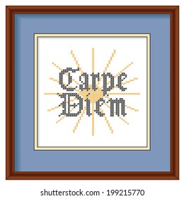 Carpe Diem in Gothic script, sunrise background, retro cross stitch needlework embroidery sewing design. Seize the day! Blue mat, mahogany wood frame. EPS8 compatible.