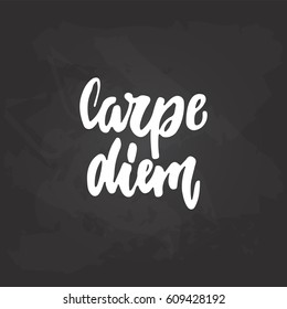 Carpe Diem - hand drawn lettering latin phrase Seize the day on the black chalkboard background. Fun brush ink inscription for photo overlays, greeting card or t-shirt print, poster design