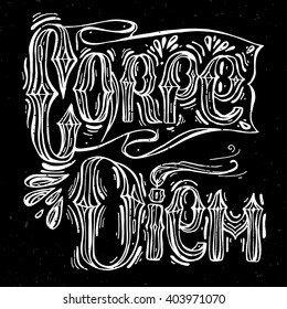 Carpe diem -  hand painted graphic modern calligraphy. Inspirational motivational quote in black and white with burned candle.