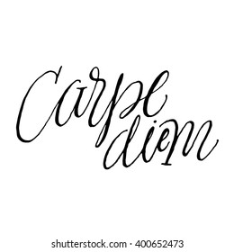 Carpe Diem.
Handwritten inscription on white background. Hand drawn calligraphy lettering for banner, calendar, planner, poster, t-shirt, invitation, flyer. 
Vector Calligraphy quote "Carpe Diem".
