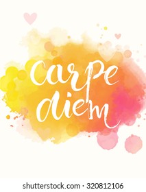 Carpe diem - latin phrase means seize the day, enjoy the moment. Inspirational quote expressive handwritten with brush on colorful watercolor imitation texture background Vector calligraphy art.