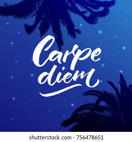 Carpe diem - latin phrase means seize the day, enjoy the moment. Inspiration quote brush calligraphy handwritten on night sky with stars and palm leaves silhouettes.