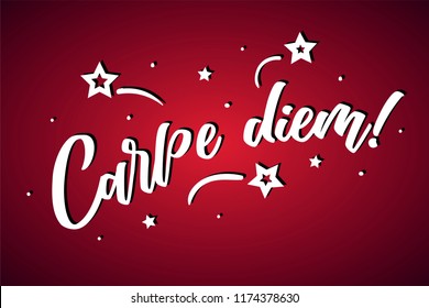 Carpe diem lettering card, banner. Beautiful greeting scratched calligraphy white text word stars. Hand drawn invitation print design. Handwritten modern brush red background isolated vector