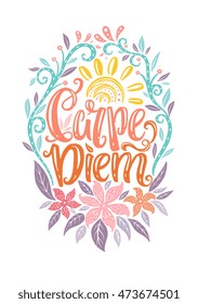 Carpe Diem lettering design - Seize the day. Unique creative hand drawn lettering design. Typographic poster or tattoo illustration. Popular Latin phrase.