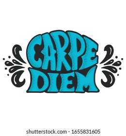 Carpe diem, el dicho motivacional significa tomar el día o vivir en el momento. Letras alegres hechas a mano aisladas en fondo blanco. Bueno para pegatinas, afiches, tarjetas. Elemento de diseño de vectores.  