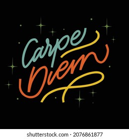 carpe diem vector illustration.hand drawn vintage print with hand lettering on a black background.modern design perfect for tshirt,bags,banner,web design,stickers,poster,postcards,greeting cards,etc.