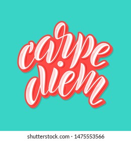 Carpe diem vector inspirational lettering. Wisdom saying, life loving quote white calligraphy with red outline. Motivational sticker isolated on blue background. Seize the day, moment latin phrase