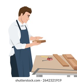 Carpenter in apron examines a wooden plank at his workbench, surrounded by tools and lumber. Flat vector illustration isolated on white background