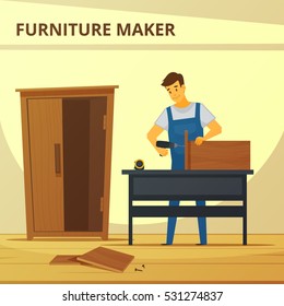 Carpenter assembling furniture flat poster with young professional at work hand hammering cupboard abstract vector illustration 