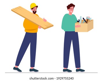 Carpenter with a board, carpenter with a tool box