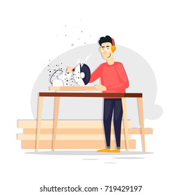 Carpenter, board, tree, character. Flat design vector illustration.