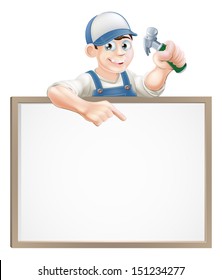 A carpenter or builder holding a claw hammer and peeking over a sign and pointing