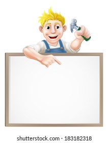 A carpenter or builder holding a claw hammer and peeping over a sign and pointing